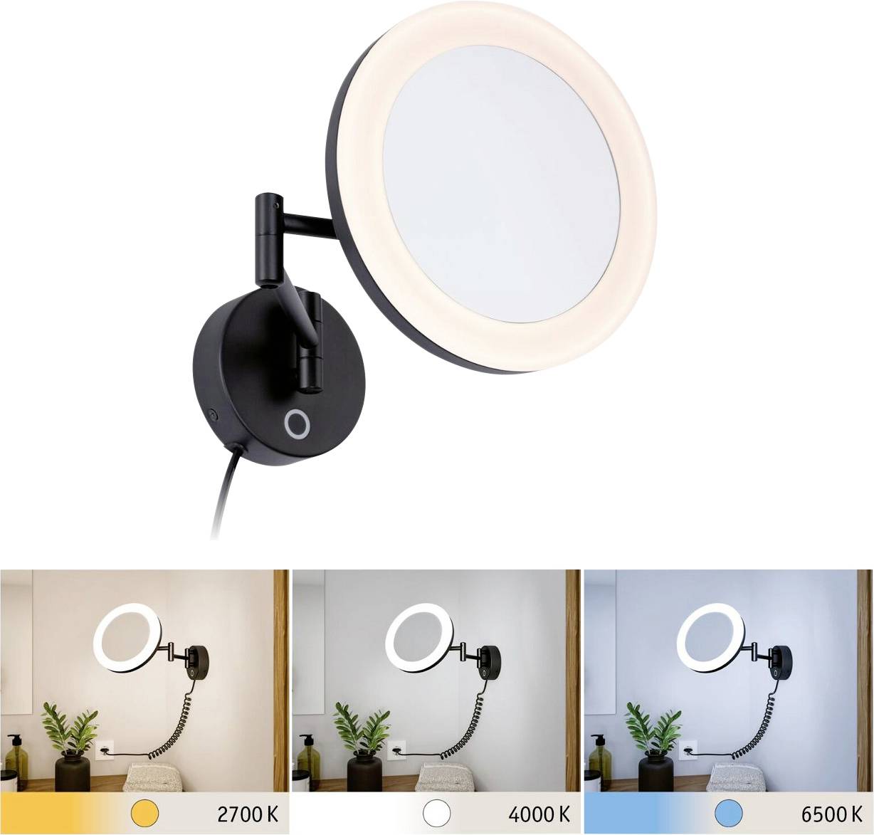 Okrągłe lustro ścienne z podświetleniem LED w formie pierścienia. Trzy temperatury barwowe do wyboru: ciepła biel (2700 K), neutralna biel (4000 K), zimna biel (6500 K).