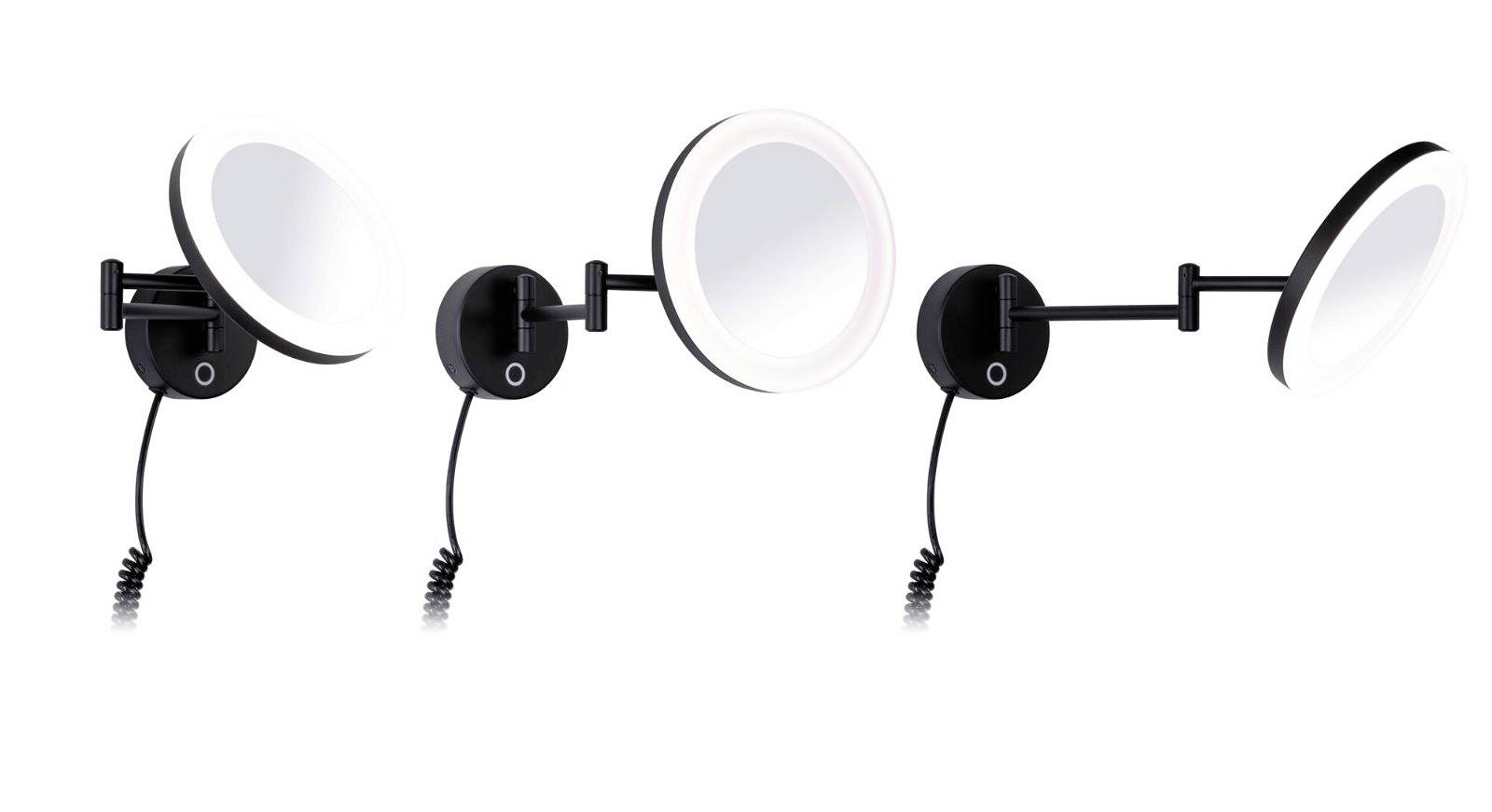 Trzy czarne, okrągłe lusterka kosmetyczne z wbudowanym oświetleniem, zamontowane na ścianie, ustawione są pod różnymi kątami.
