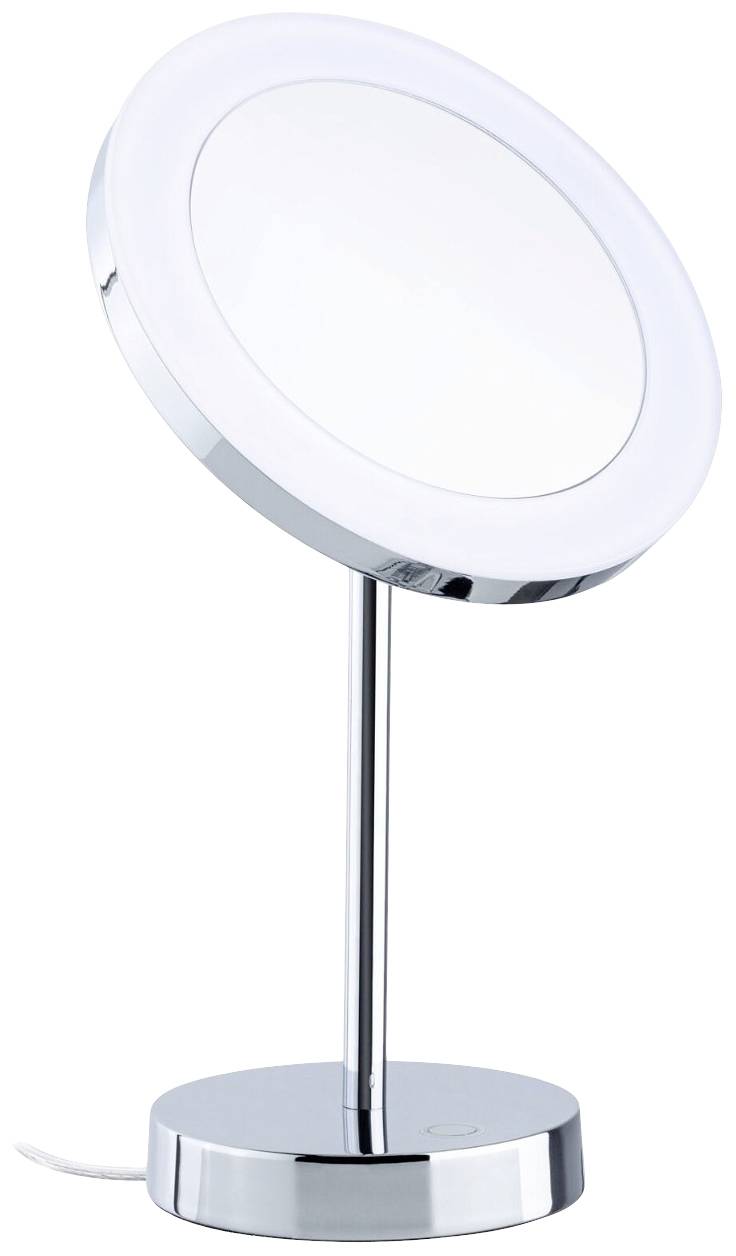Okrągłe lusterko kosmetyczne z podświetleniem LED na smukłej, chromowanej podstawie, idealne do precyzyjnego nakładania makijażu lub golenia.
