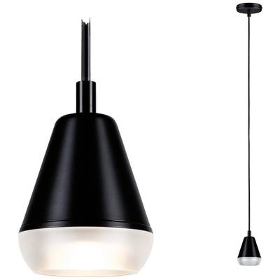 Czarna lampa wisząca o stożkowatym kształcie z białym, przepuszczającym światło kloszem, prezentuje nowoczesną, minimalistyczną estetykę.