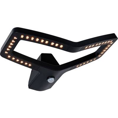 Czarna, nowoczesna lampa LED do użytku zewnętrznego z prostokątnym łukiem świetlnym, wyposażona w zintegrowany czujnik ruchu. Idealna do oświetlania wejść.