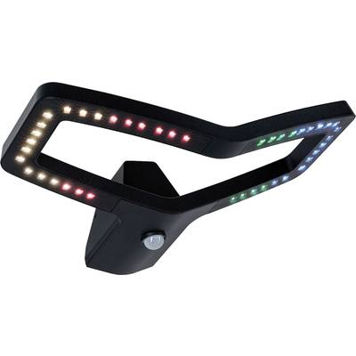 Czarna lampa LED z czujnikiem ruchu, prezentująca nowoczesny, zakrzywiony kształt i kolorowe punkty świetlne, idealna do zastosowań na zewnątrz.