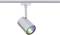 Srebrna lampa sufitowa z cylindryczną głowicą skierowaną w dół, emitująca światło tęczowych kolorów.