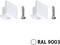 Dwie białe zaślepki z jedną śrubą każda. Poniżej tekst: 'RAL 9003', wskazujący numer standardu kolorów.