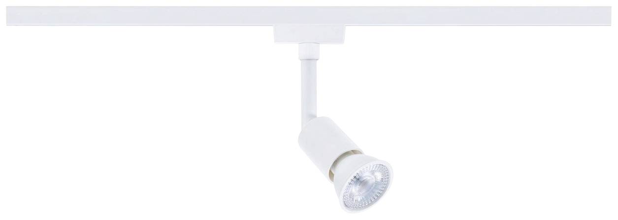 Pojedyncza biała lampa halogenowa jest zamontowana na szynie i skierowana w dół, gotowa do instalacji w pomieszczeniu.