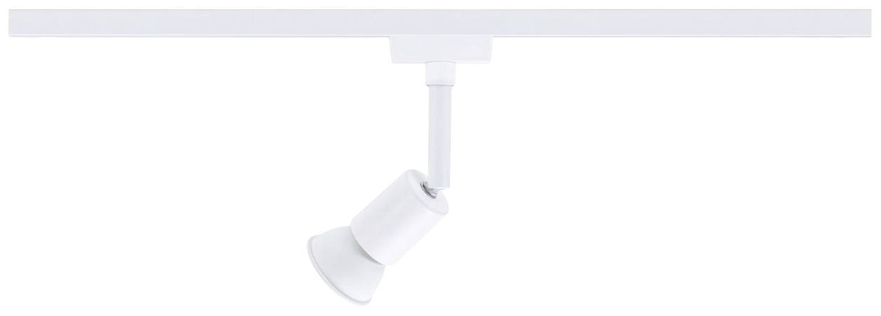 Biały reflektor sufitowy zamontowany na szynie, z regulowaną głowicą skierowaną w dół.