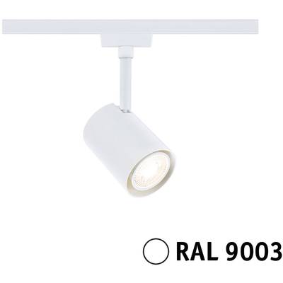 Biała lampa w kolorze 'RAL 9003' jest zamontowana na szynie i świeci w dół.