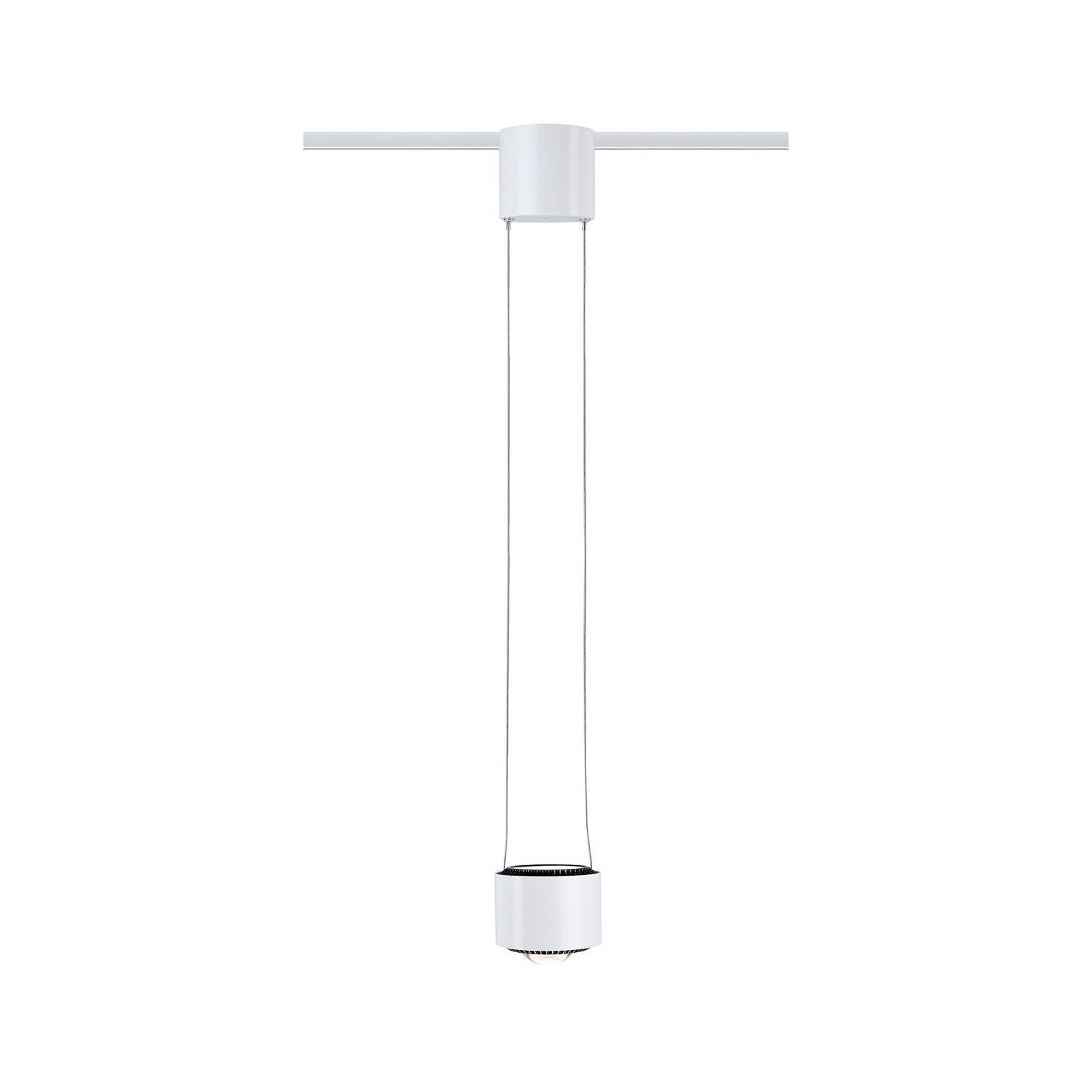 Biała, cylindryczna lampa wisząca o smukłej sylwetce, zawieszona na cienkim przewodzie.
