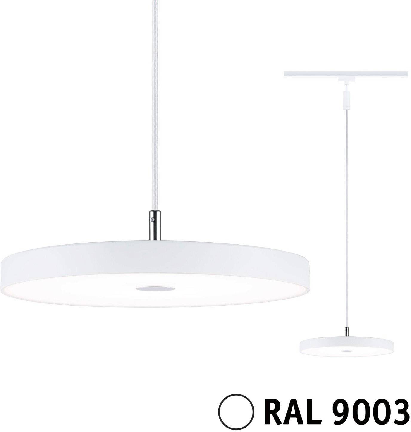 Biała, okrągła lampa wisząca o minimalistycznym designie, zawieszona na cienkiej stalowej lince. Kod koloru poniżej po prawej stronie: RAL 9003.