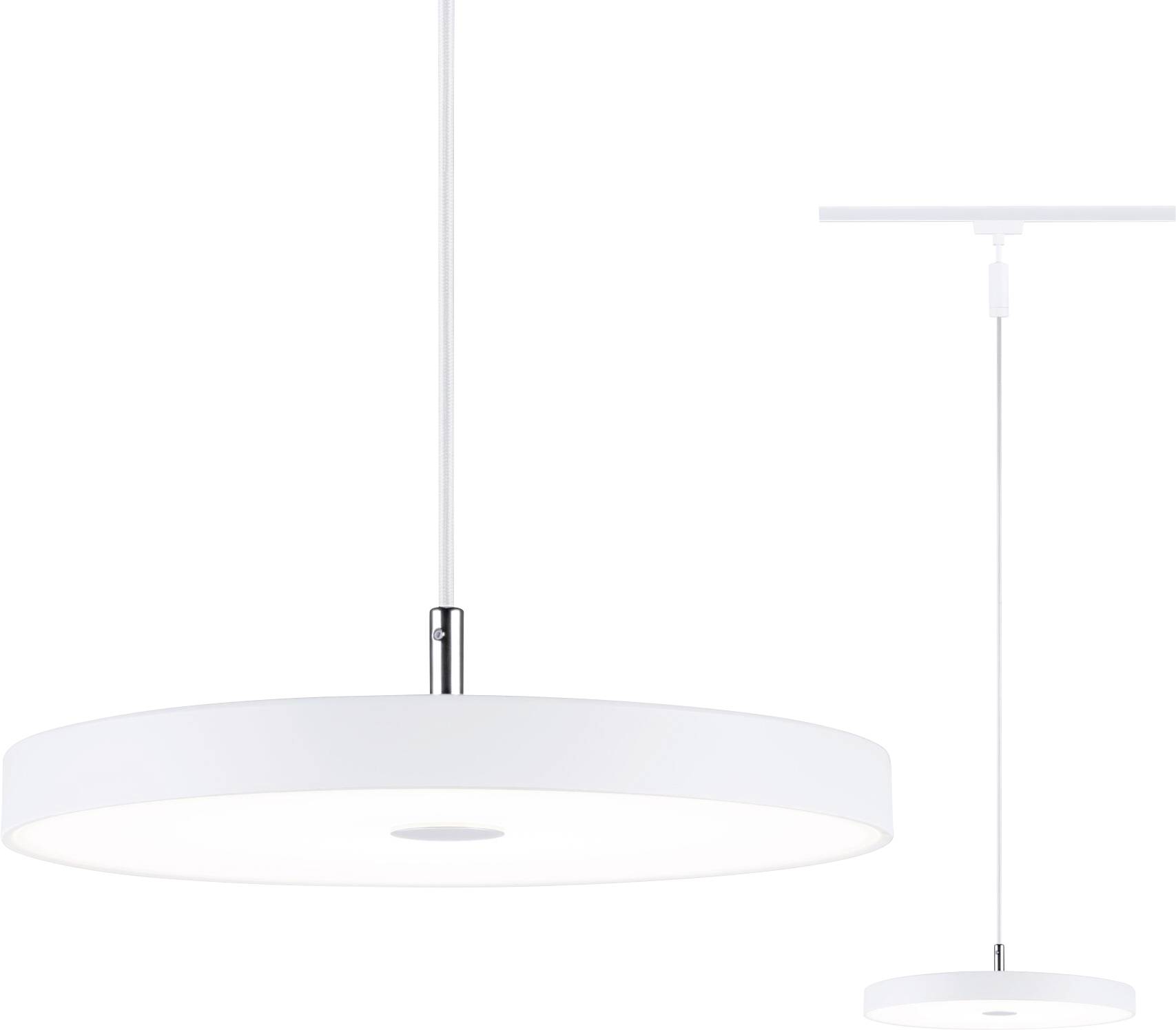 Dwie nowoczesne, białe lampy wiszące o minimalistycznym designie z cienką metalową rurką, idealne do eleganckiego wystroju wnętrz.