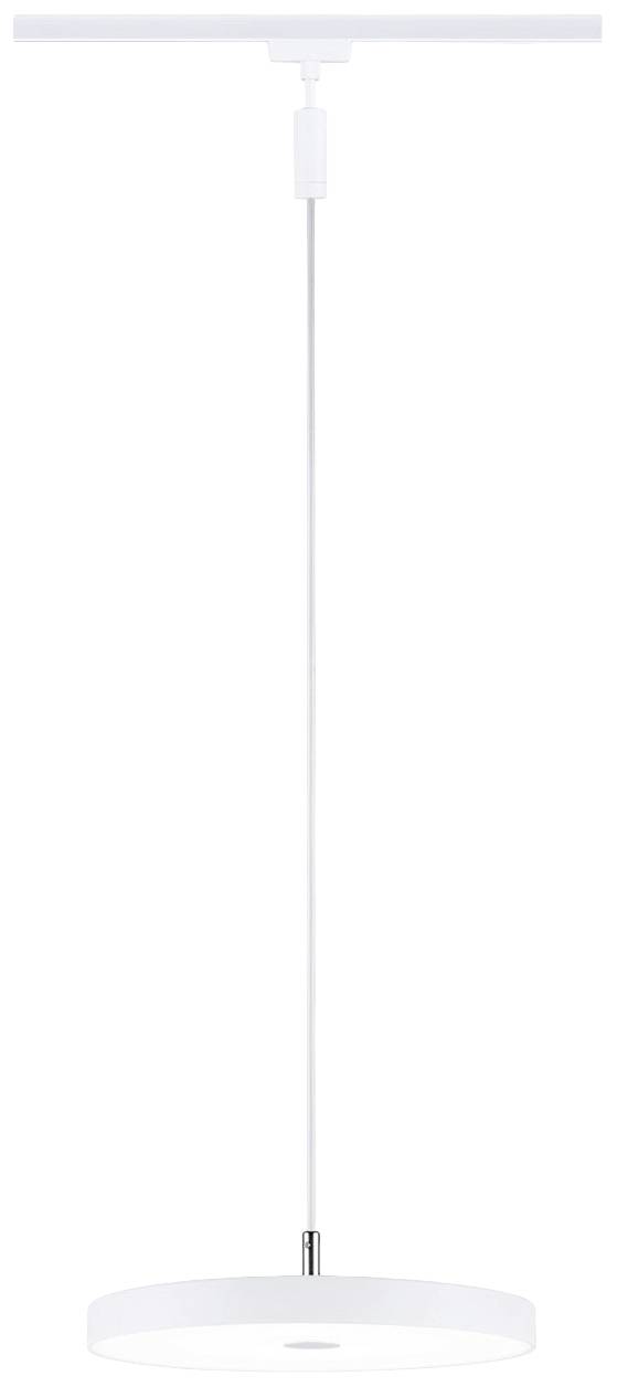 Minimalistyczna, biała lampa wisząca z okrągłym kloszem, zamocowana na podłużnym baldachimie sufitowym.