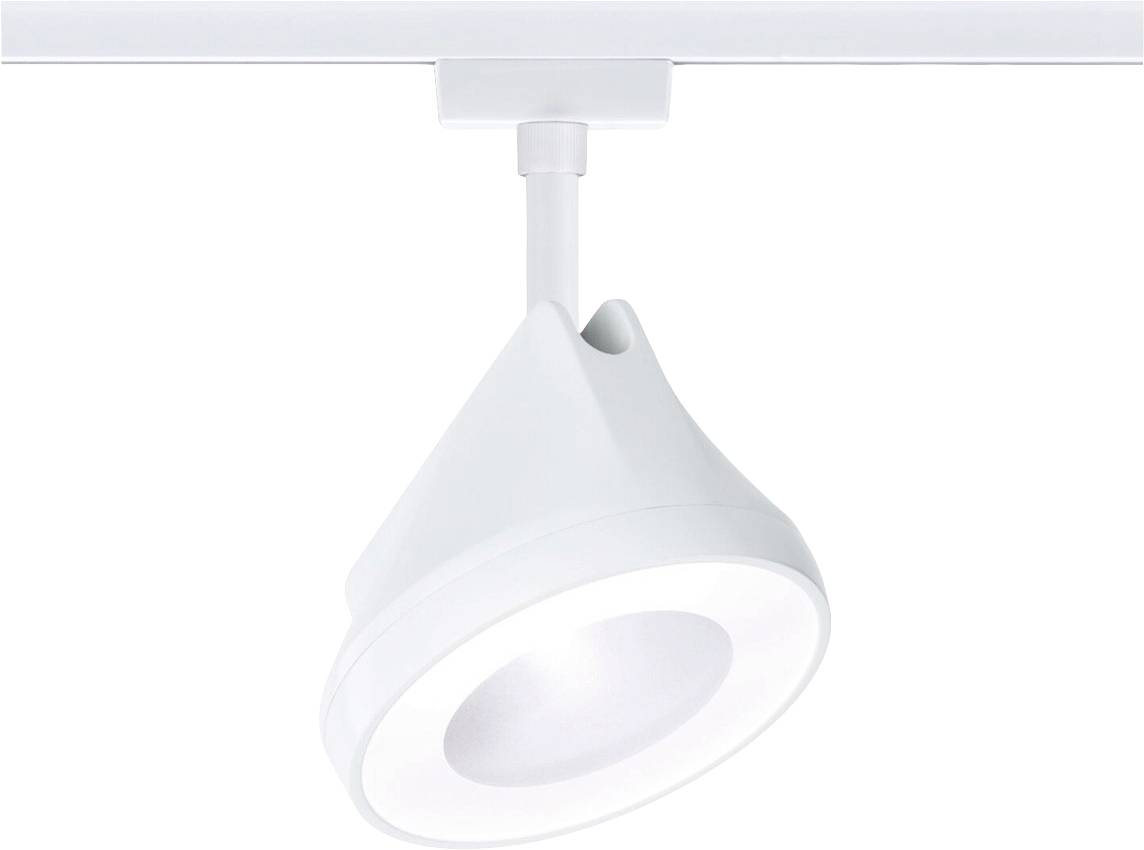 Nowoczesna, biała lampa sufitowa LED zamontowana na szynie, ustawiona w taki sposób, aby kierować światło w dół.