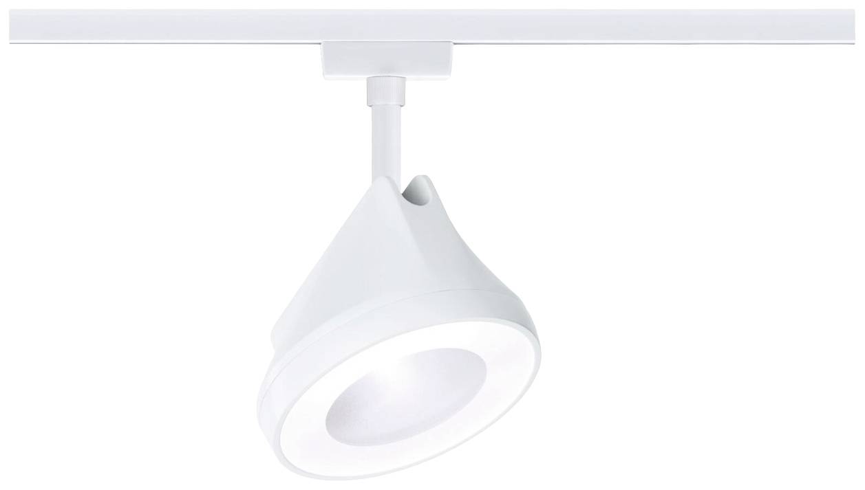 Biała lampa sufitowa z okrągłą lampką LED na szynie, odpowiednia do nowoczesnych wnętrz.