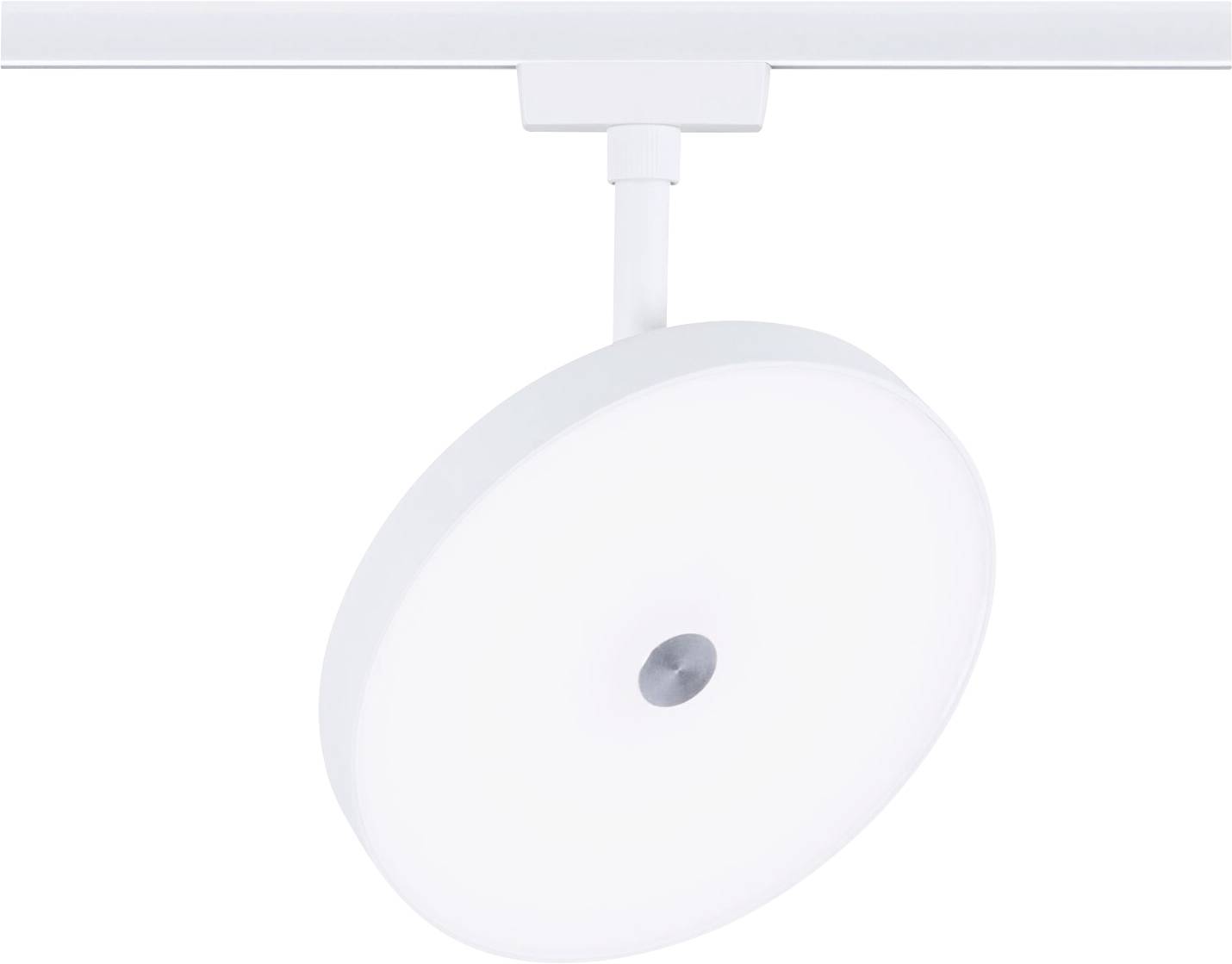 Biała, okrągła lampa sufitowa zamocowana na systemie szynowym, świecąca w dół.