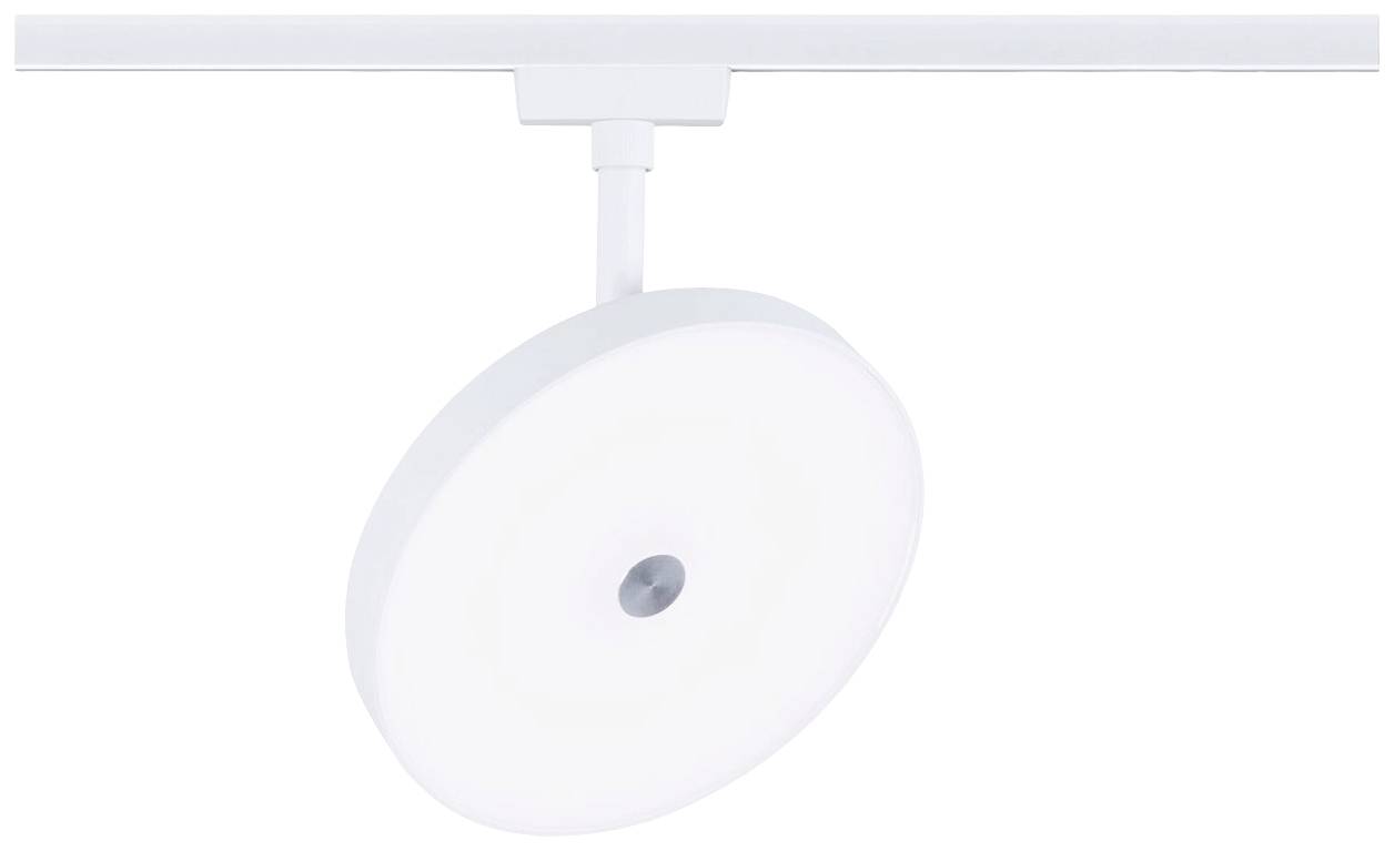 Okrągły, biały reflektor sufitowy z centralnym przegubem obrotowym, zamontowany na szynie, aktualnie skierowany jest w dół.