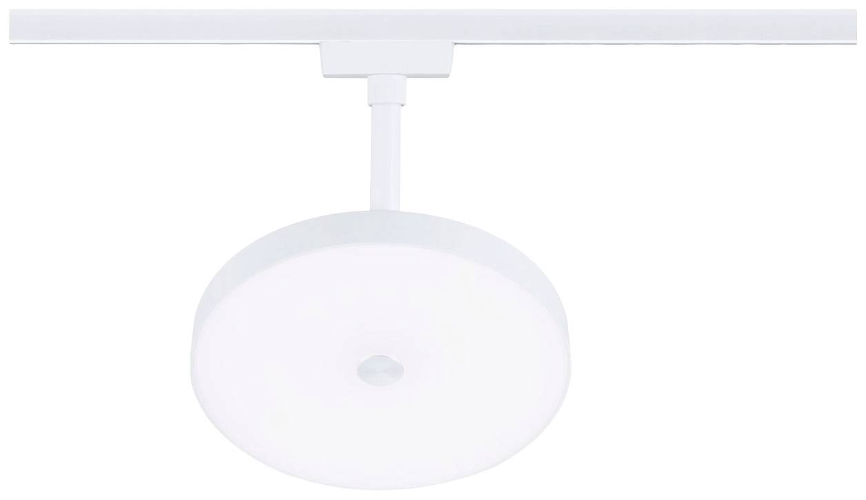 Zamontowana na szynie okrągła, biała lampa sufitowa równomiernie oświetla pomieszczenie.