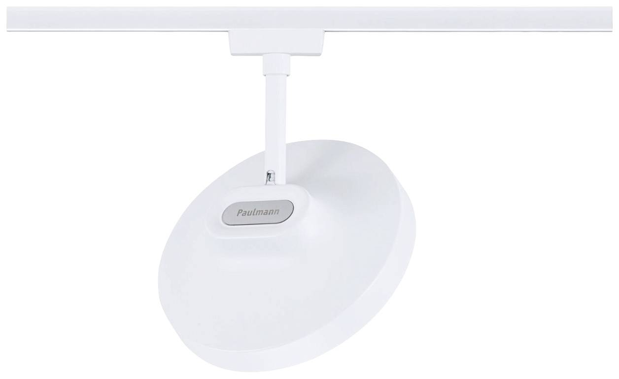 Biała lampa sufitowa LED z okrągłym kloszem, zamontowana na szynie.