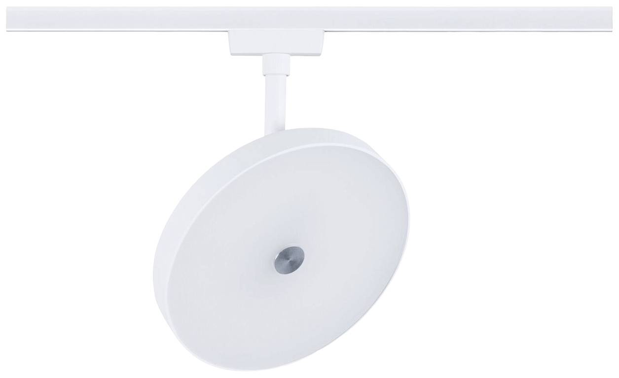 Okrągła, biała lampa sufitowa w minimalistycznym stylu, zamocowana na szynie, z ciemnym punktem centralnym. Idealna do nowoczesnych wnętrz.