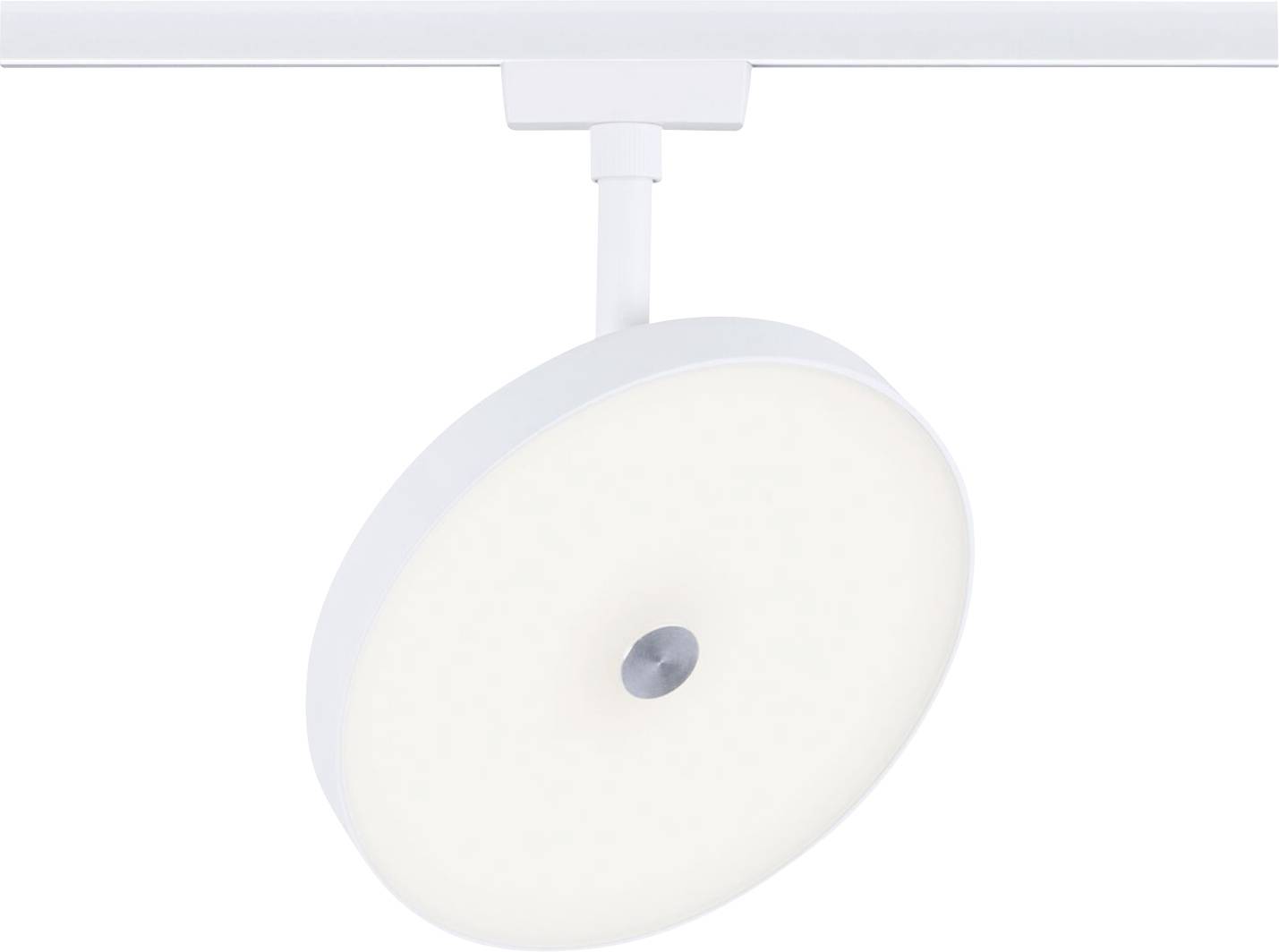 Okrągła, montowana sufitowa lampa LED z białą obudową, o nowoczesnym designie.