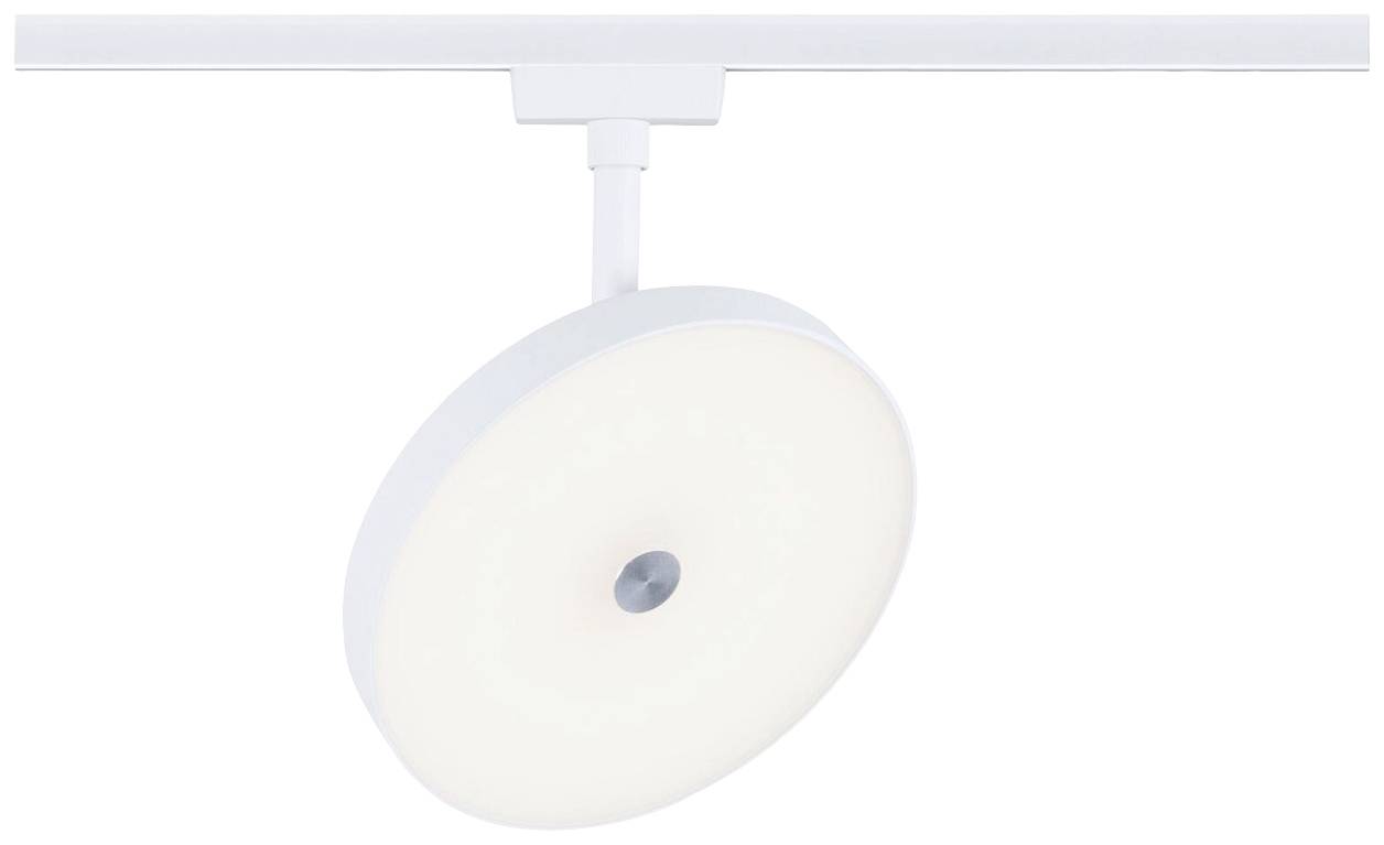 Biała, okrągła lampa sufitowa z obrotowym designem, zamontowana na szynie.