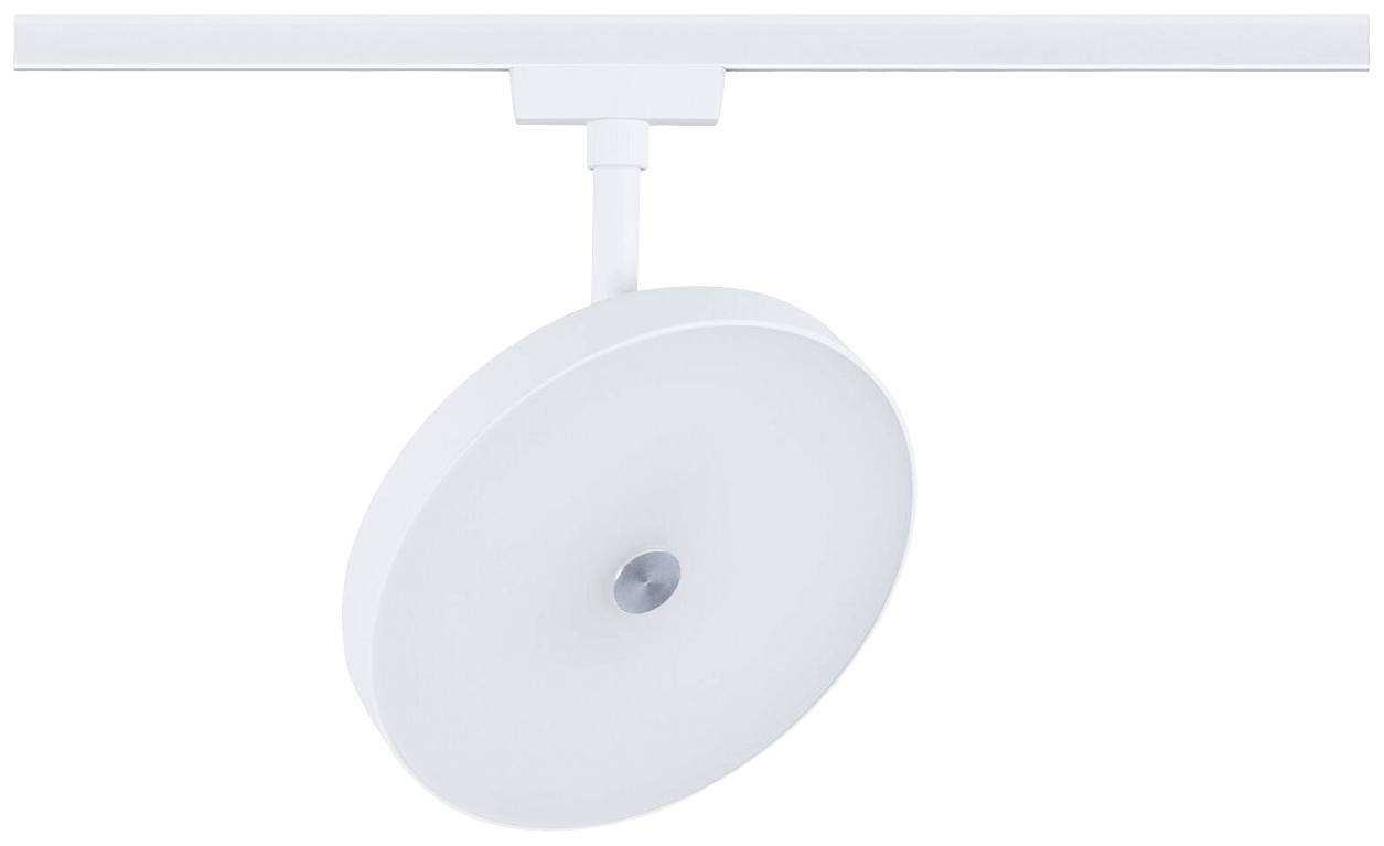 Biała, okrągła lampa sufitowa zamontowana na szynie, o stylowym, nowoczesnym designie. Idealna do równomiernego oświetlenia pomieszczenia.