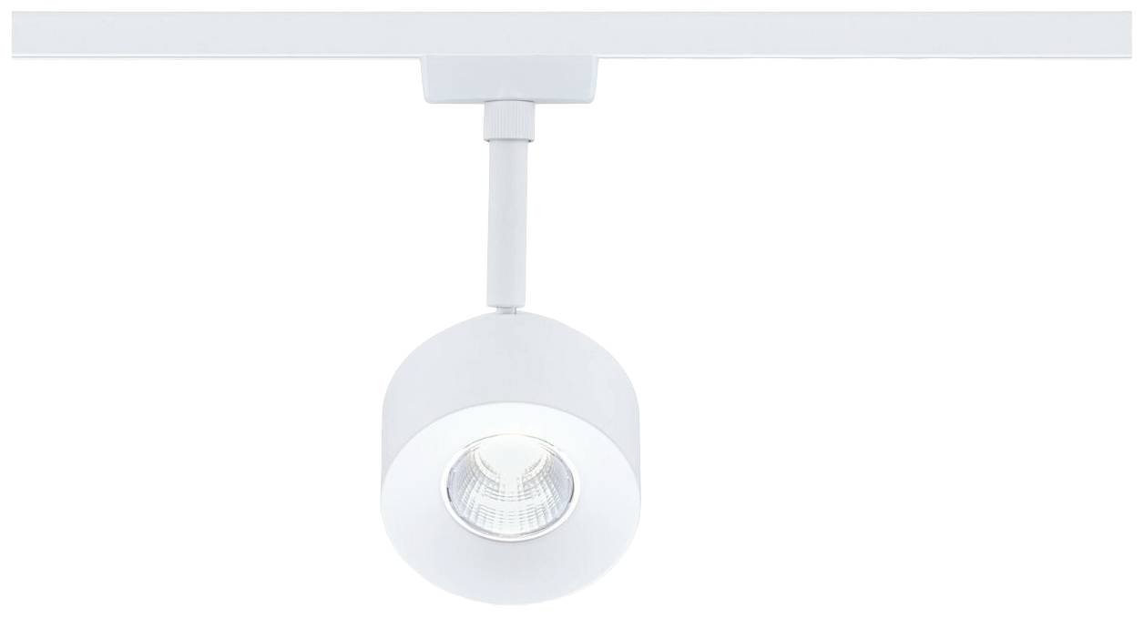 Biała lampa szynowa zamontowana na szynie, z okrągłą obudową i widocznym źródłem światła, skierowana jest w dół.