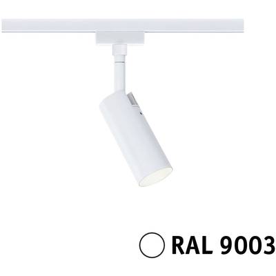 Biała lampa sufitowa zamontowana na szynie, kolor RAL 9003.