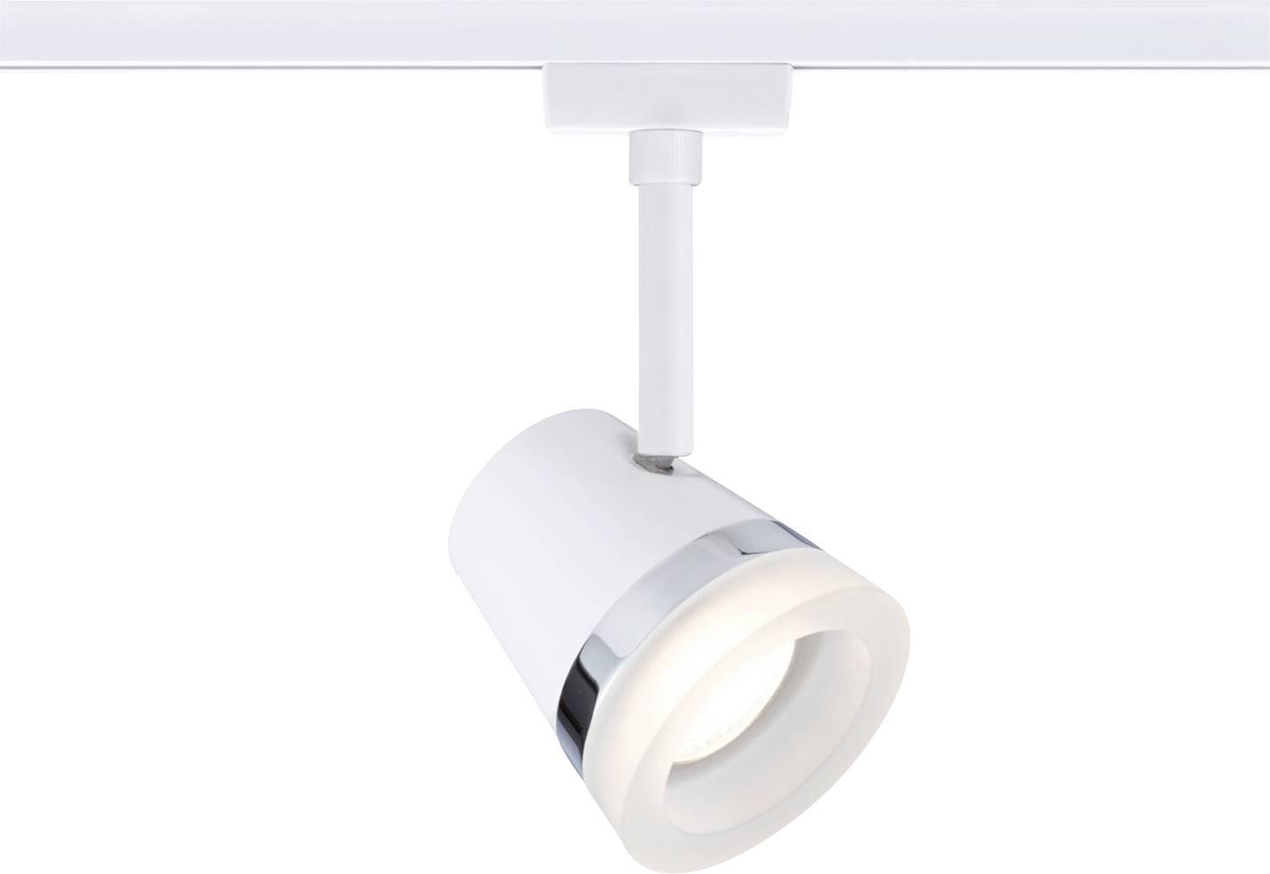 Biała lampa LED na szynie, obrotowa, z chromowanym pierścieniem. Idealna do oświetlenia akcentowego.