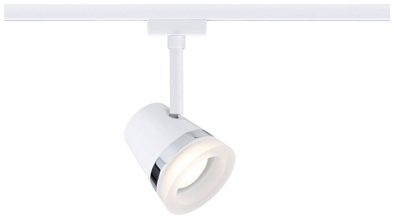 Biały reflektor sufitowy z regulowaną głowicą i chromowanymi detalami, zamontowany na prostej szynie nad sufitem.