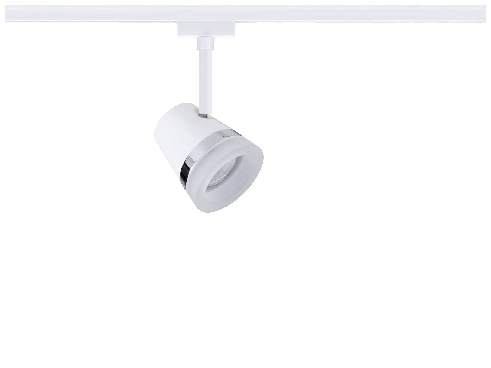 Biała lampa szynowa o cylindrycznej głowicy, zamontowana na metalowej szynie. Jest skierowana w dół i ma nowoczesny design.