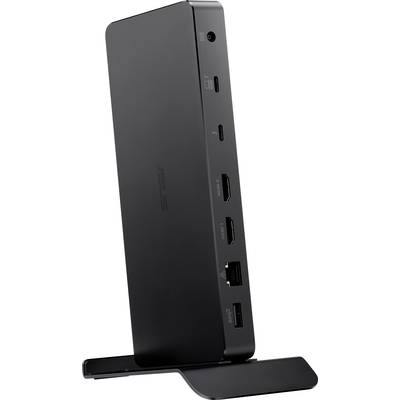 Czarny adapter stacji dokującej do komputera z wieloma portami, w tym HDMI, Ethernet i USB, ustawiony w pozycji pionowej.