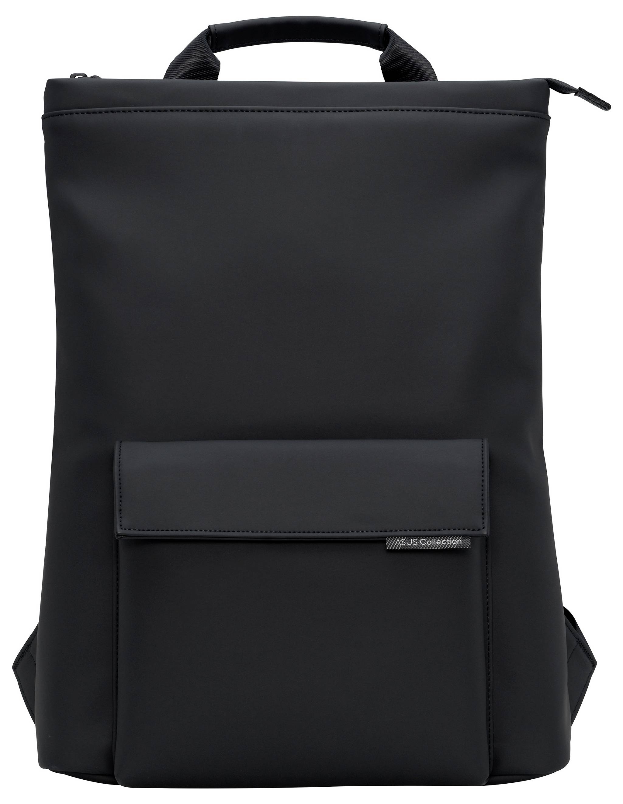 Prosty czarny plecak z przednim schowkiem, odpowiedni do codziennego użytku lub podróży.