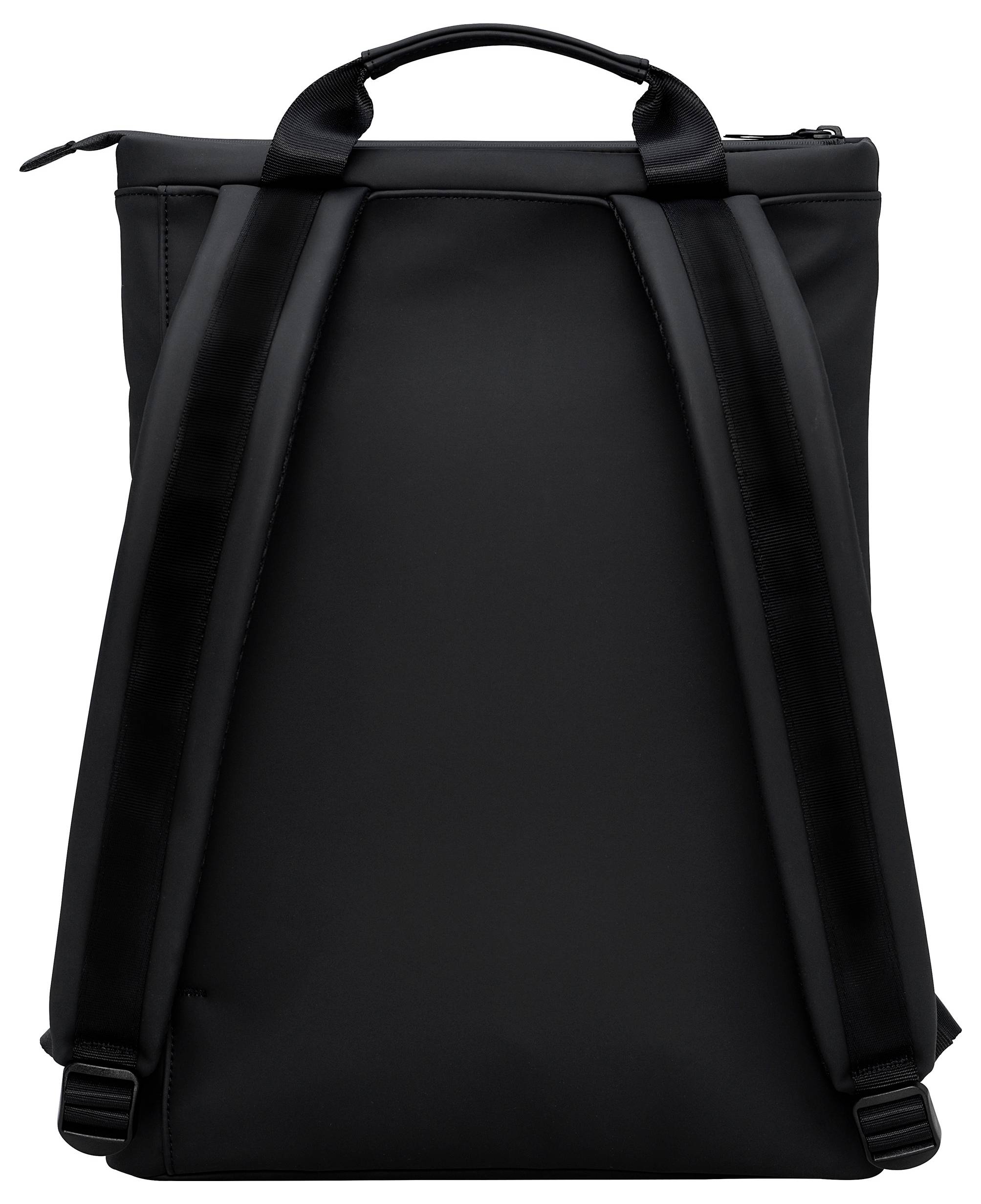 Czarny plecak widziany od tyłu z wyściełanymi paskami na ramiona i górną rączką, odpowiedni do codziennego użytku lub podróży.