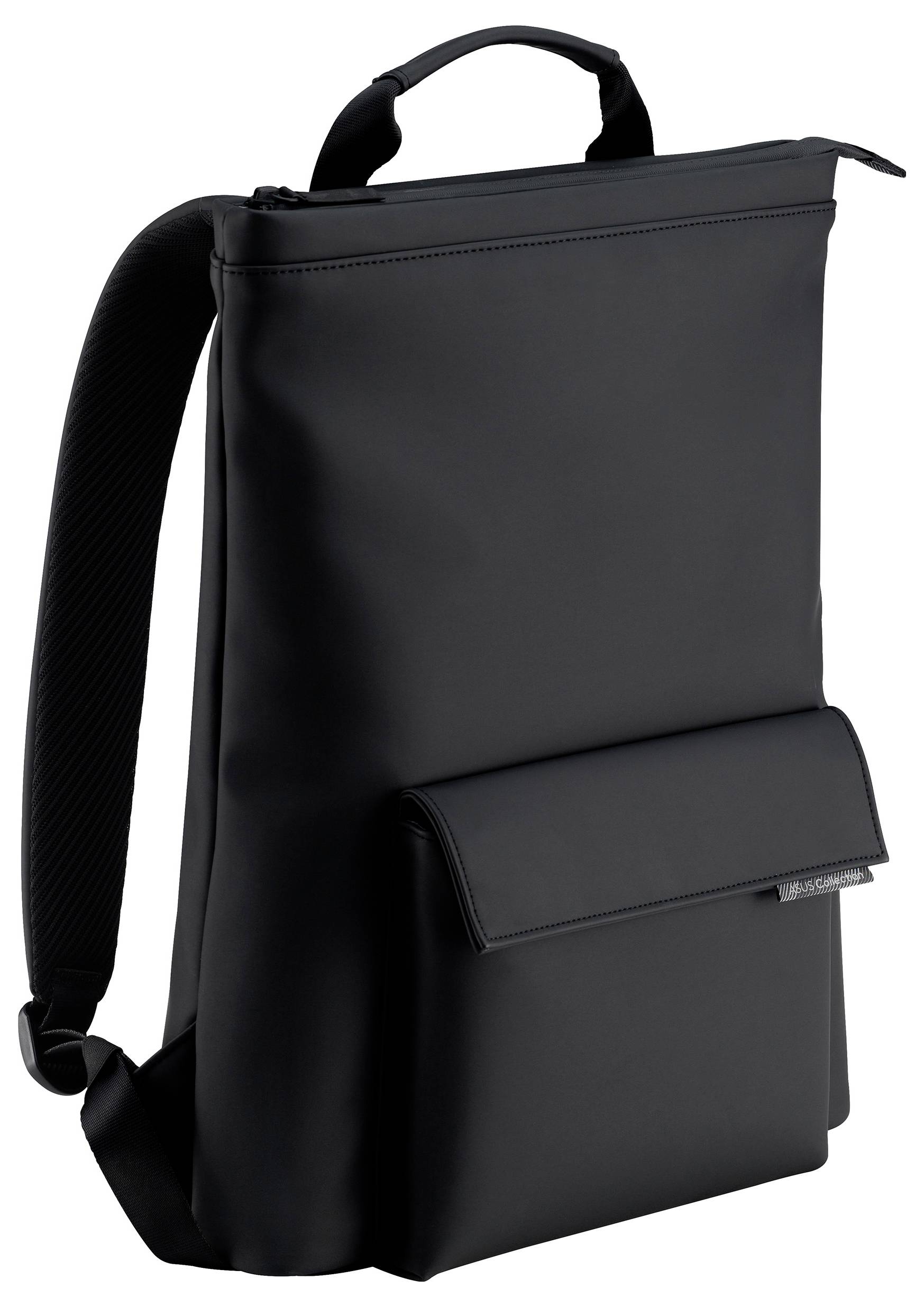 Czarny, smukły plecak z regulowanymi paskami na ramiona i kieszenią z przodu. Nowoczesny, minimalistyczny design.