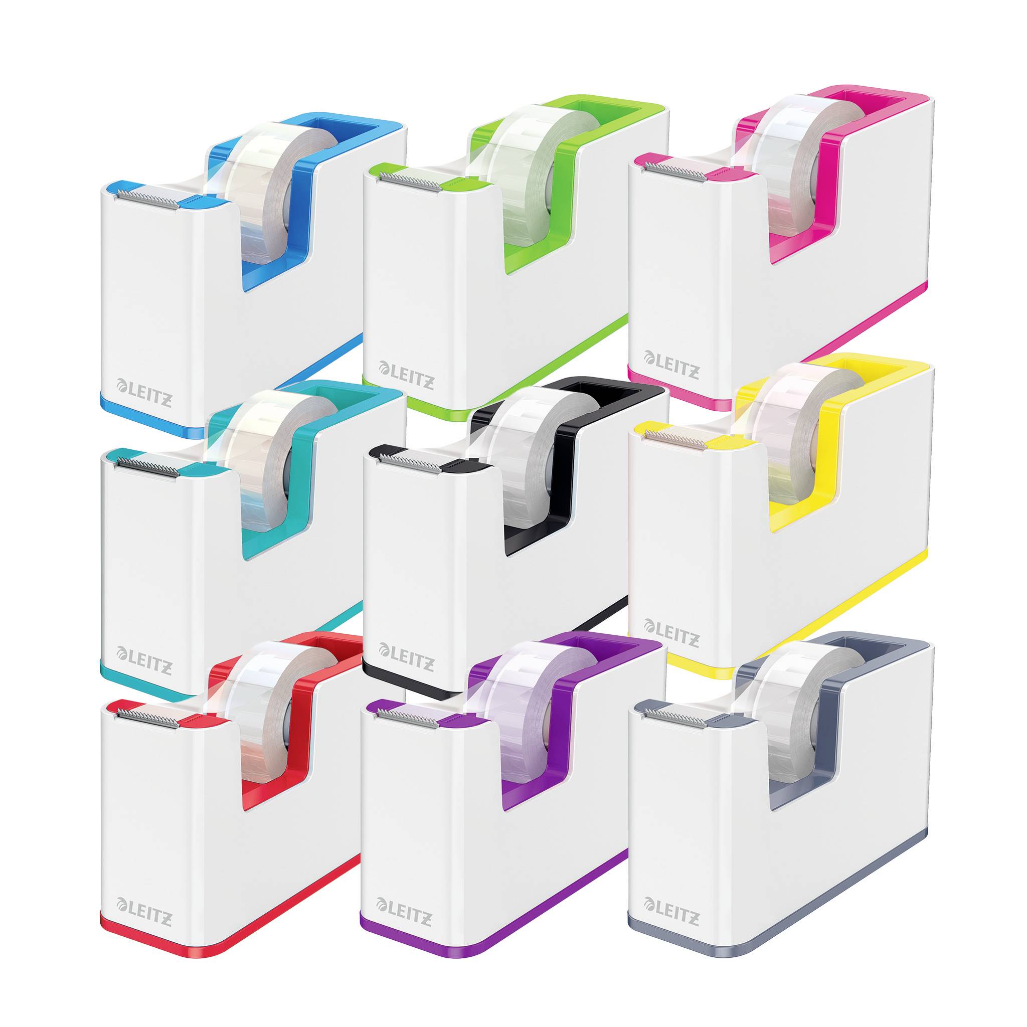 Dziewięć kolorowych podajników do taśmy klejącej z przezroczystą taśmą, ułożonych jeden na drugim. Oznaczone logo 'Leitz'.