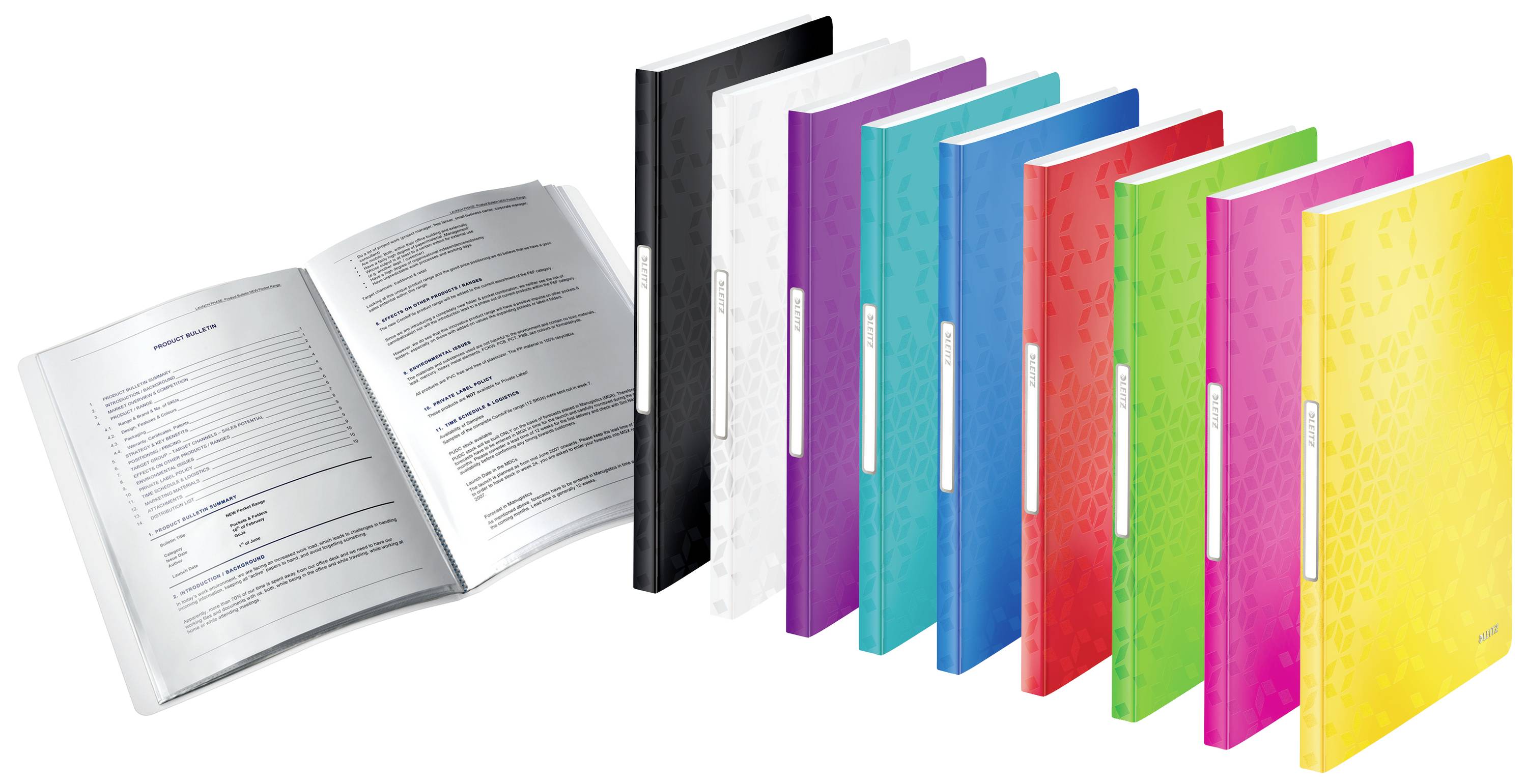 Otwarte i zamknięte, kolorowe foldery na białej płaszczyźnie.