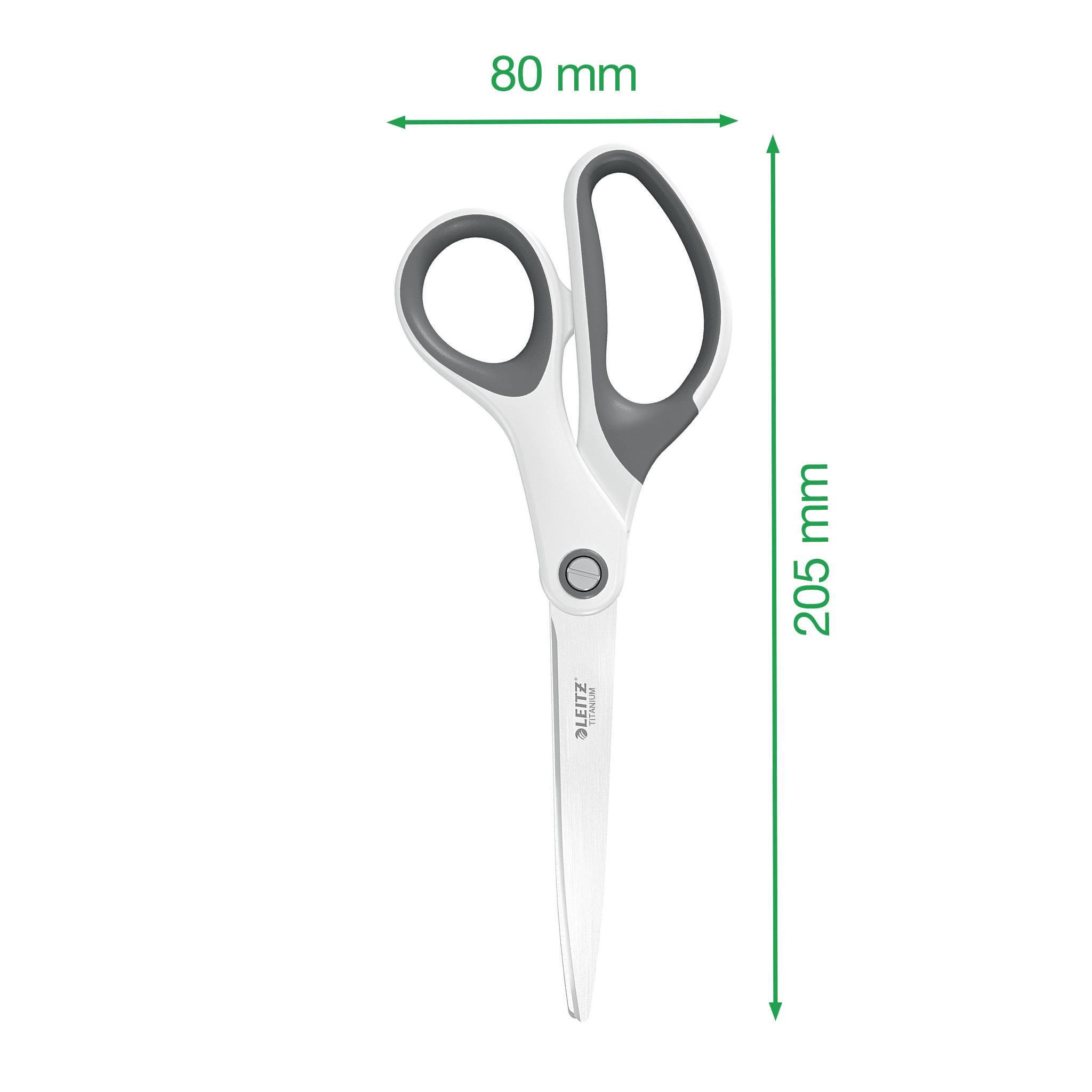 Nożyczki z ergonomicznym uchwytem, długość 205 mm, szerokość 80 mm, odpowiednie do prac papierowych i rękodzielniczych.