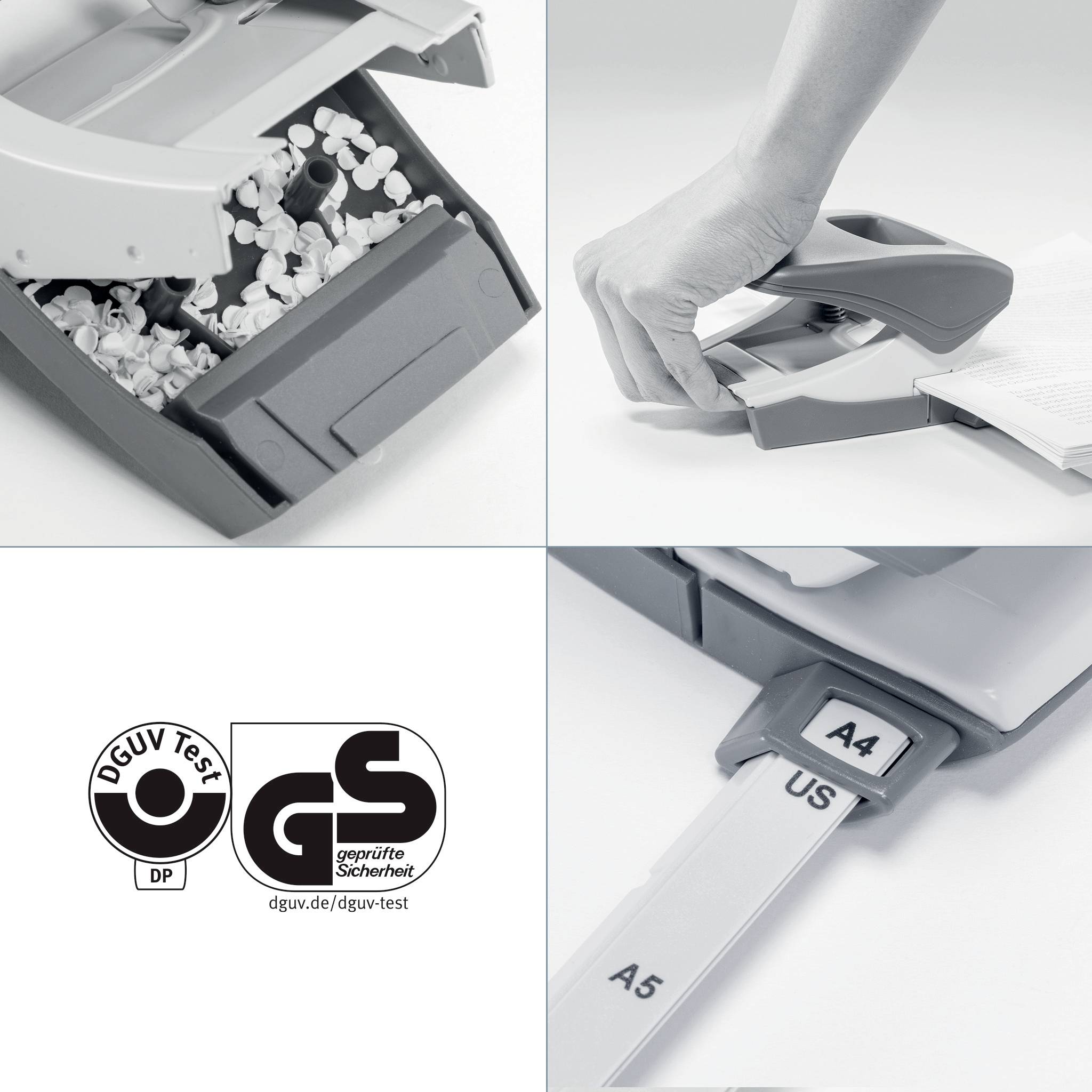 Niszczarka dokumentów crush papiery. Ręka wyjmuje pocięty arkusz. Logo pokazuje znak kontrolny DGUV.