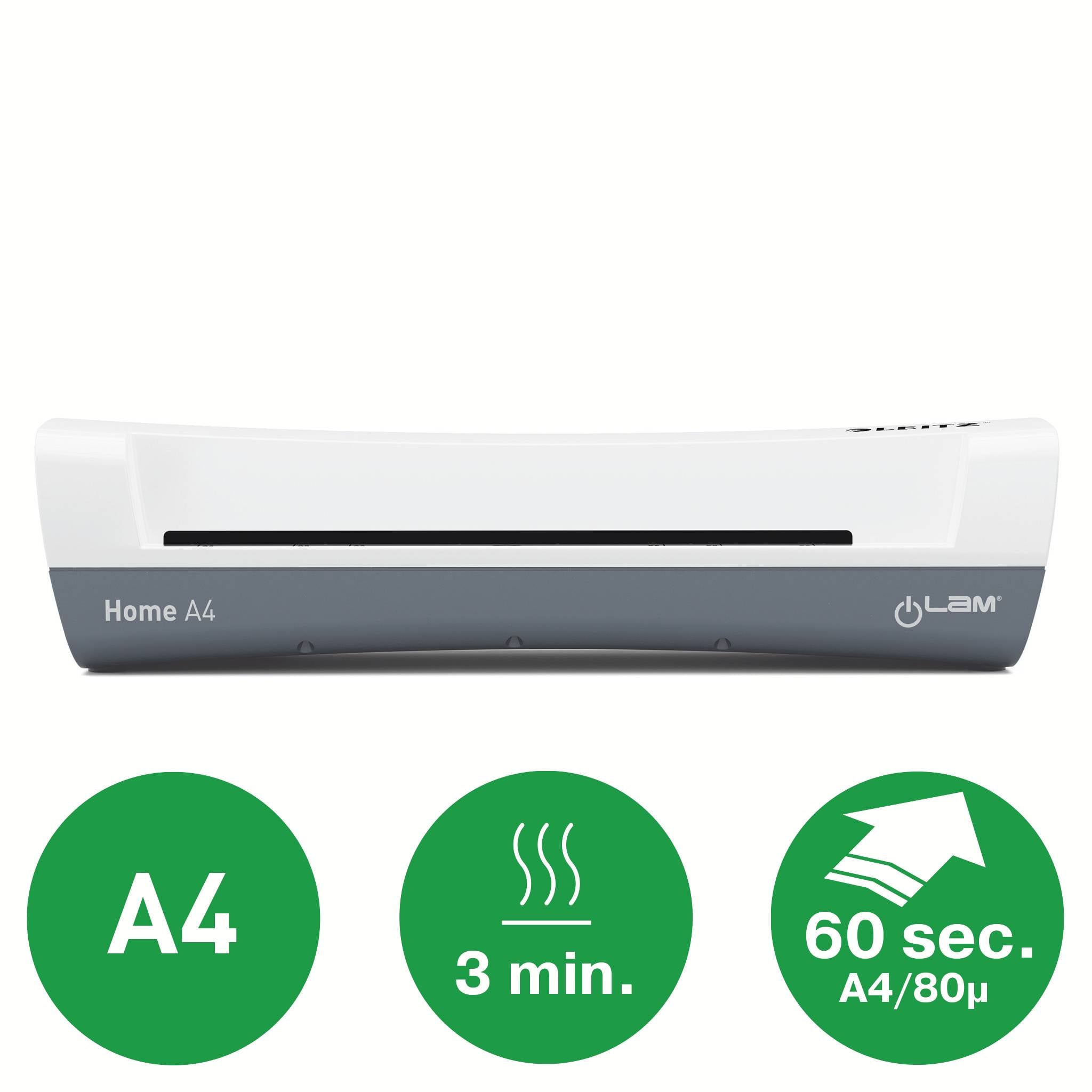 Urządzenie do laminowania z oznaczeniem 'Home A4'. Symbole na dole wskazują, że laminuje arkusze do formatu A4, w czasie 3 minut i wymaga 60 sekund na nagrzanie.
