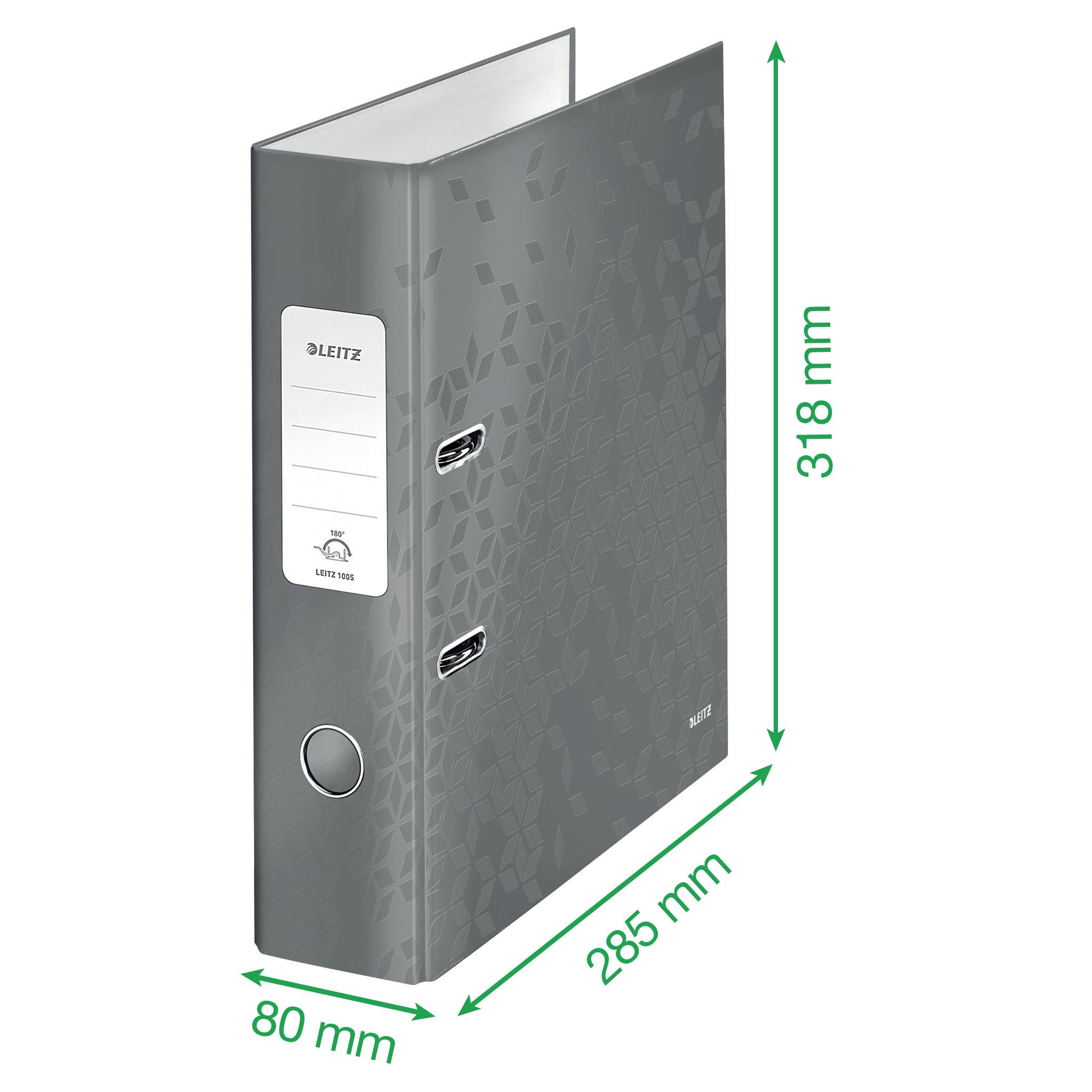 Szary segregator z nadrukiem firmy Leitz o wymiarach 318 mm x 285 mm x 80 mm. Segregator z mechanizmem dźwigowym i otworem na palec.