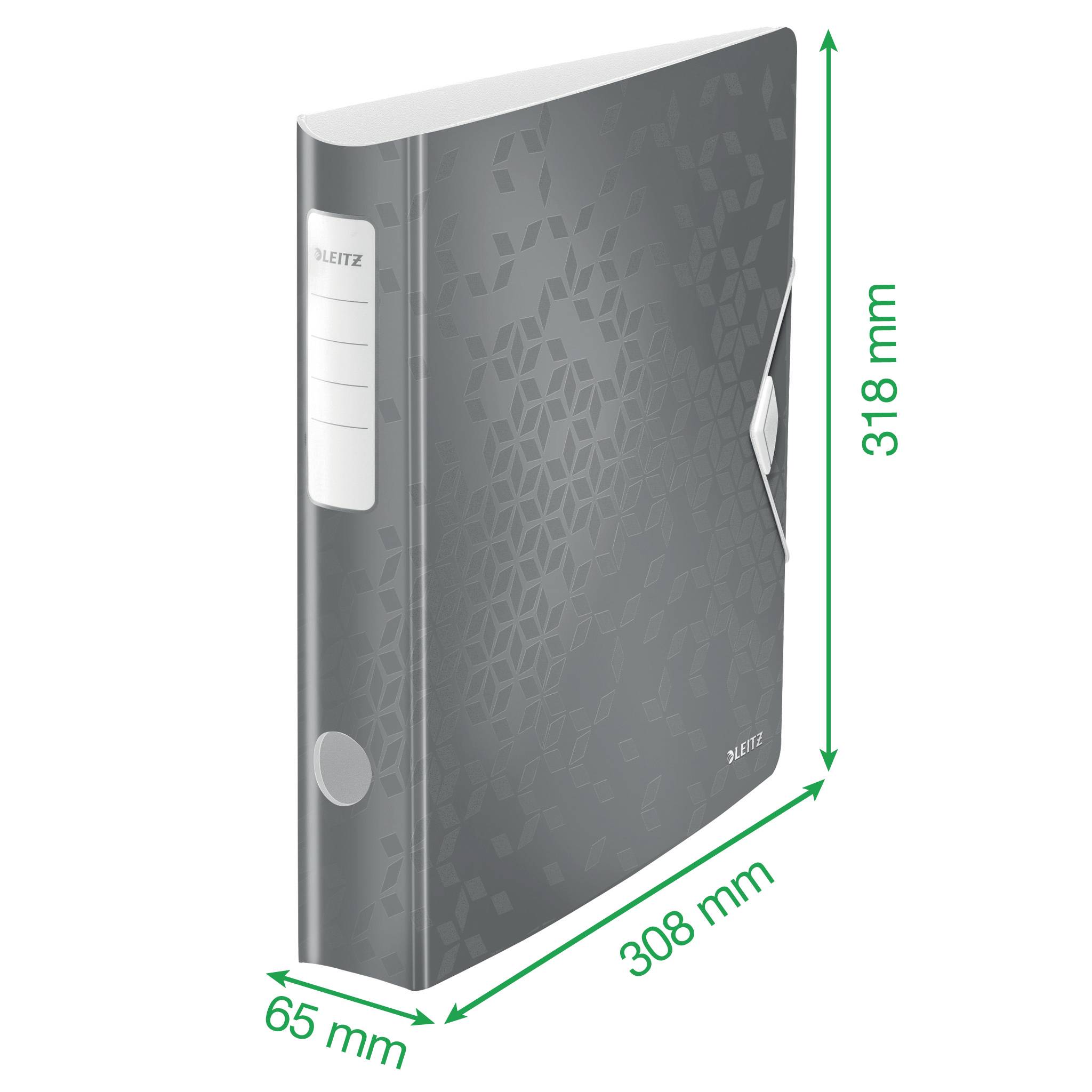 Szary segregator z geometrycznym wzorem stoi pionowo. Wymiary wynoszą 65 mm szerokości, 308 mm długości, 318 mm wysokości.