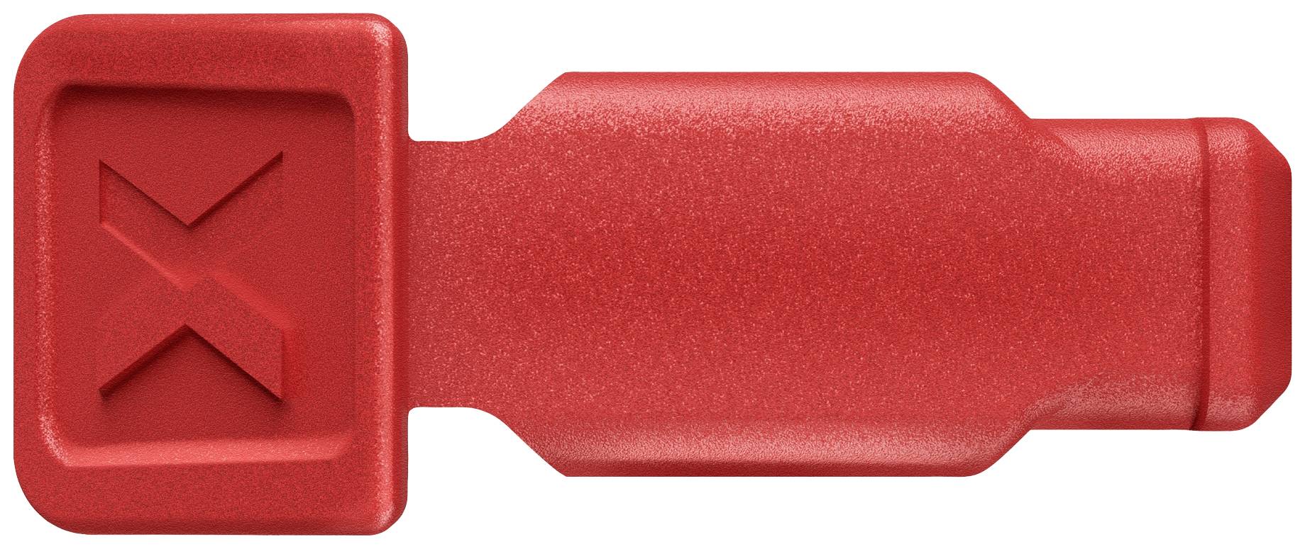 Czerwona plastikowa część z prostokątną powierzchnią z wygrawerowanym 'X' po lewej stronie, obok którego znajduje się podłużny uchwyt.