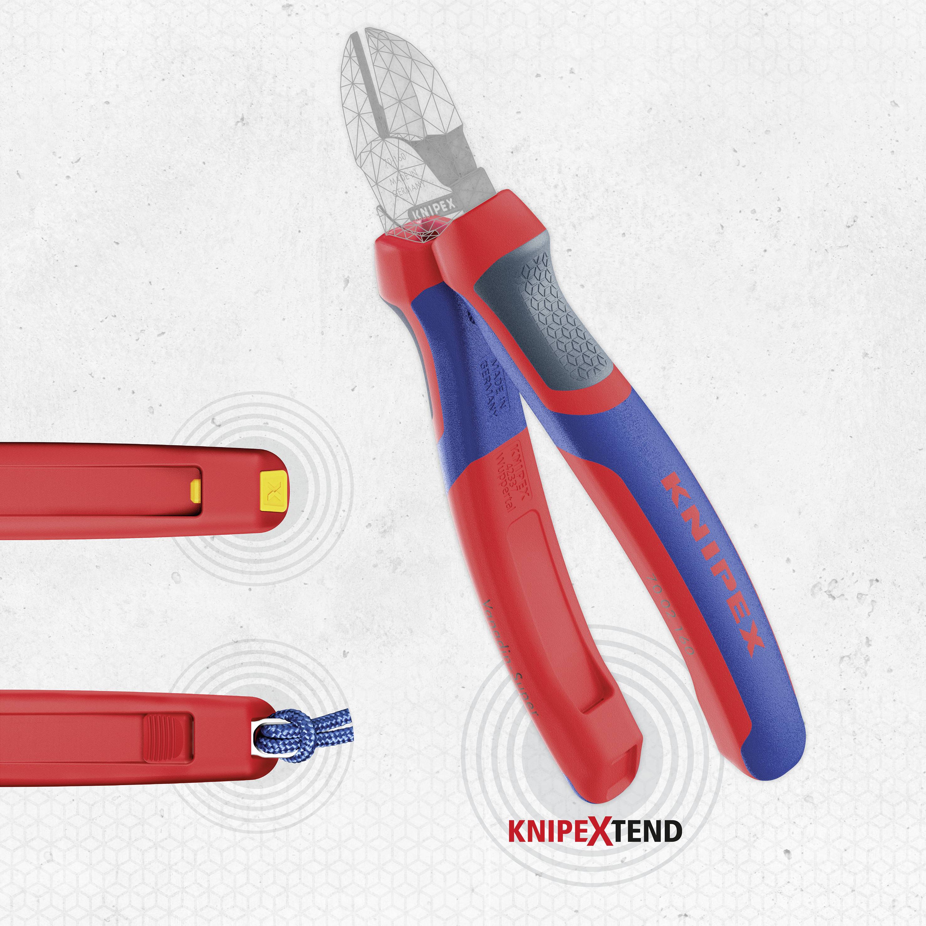 Szczypce z niebiesko-czerwonym uchwytem firmy KNIPEX leżą na szarej powierzchni. Obok znajdują się przykłady narzędzi Knipex oraz logo.