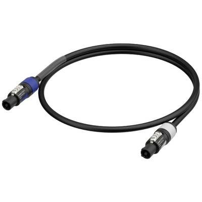 Kabel „SpeakON" z czarnym przewodem oraz niebieskimi i białymi złączami na końcach.