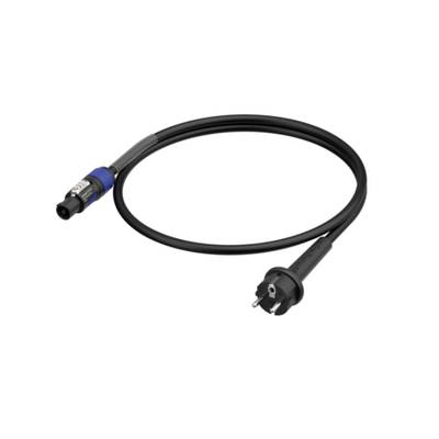 Czarny kabel elektryczny z niebieskim i czarnym wtykiem na jednym końcu, odpowiedni do podłączenia do urządzeń elektrycznych.