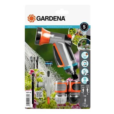 Zestaw nawadniania ogrodu Gardena: dysze, złączki i akcesoria. Opakowanie prezentuje zdjęcia produktu, symbole i 5-letnią gwarancję.