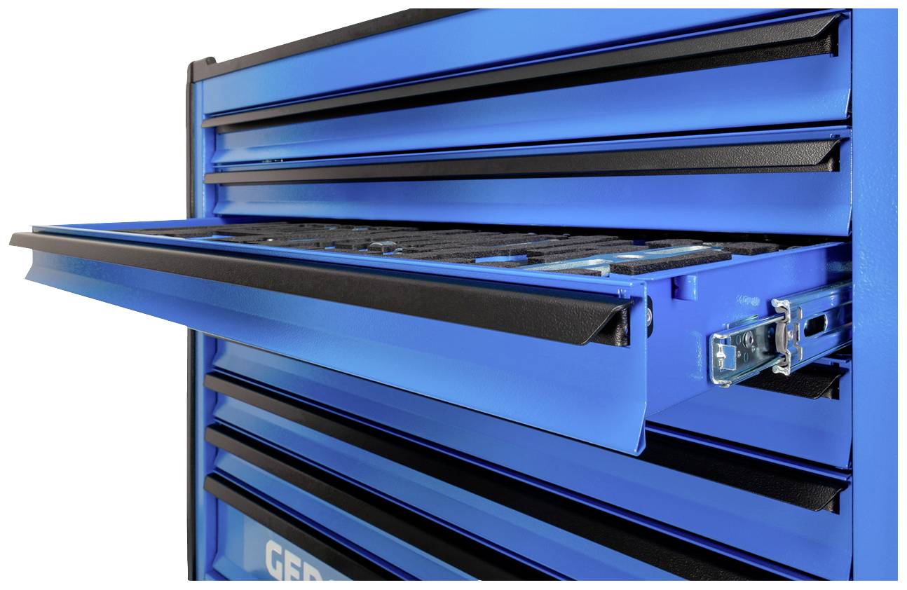 Niebieski wózek narzędziowy z wieloma szufladami, częściowo otwarty, ukazujący przegródki na narzędzia.