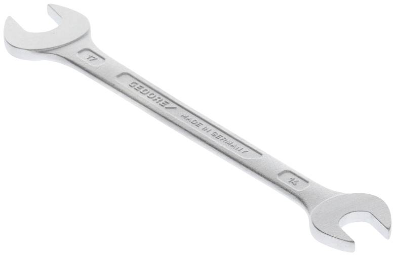 Srebrny klucz nastawny z dwoma rozmiarami końcówek, 17 i 14, z napisem '630018 Made in Germany'. Używany głównie do prac mechanicznych.