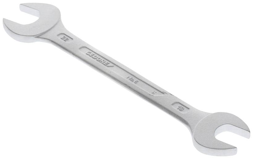 Srebrny klucz płasko-oczkowy o rozmiarach 22 (po lewej) i 19 (po prawej), sfotografowany na białym tle.