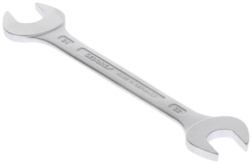 Srebrny klucz nastawny z napisem 'GEDORE, Made in Germany', rozmiary 22 i 24, przydatny do dokręcania lub odkręcania nakrętek.